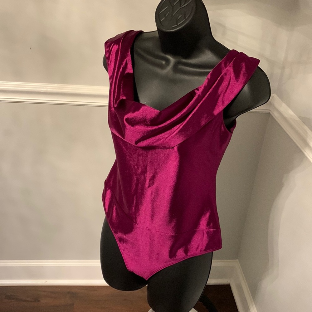 Express Magenta Satin Off The Shoulder Thong Bodysuit Size XS NWT - Picture 5 of 15